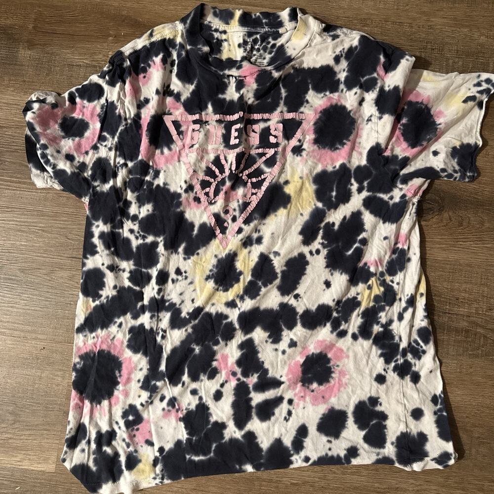 Guess Mens White BlackTie-Dye Short Sleeve Crew Neck Pullover T-Shirt Size M - Picture 2 of 8